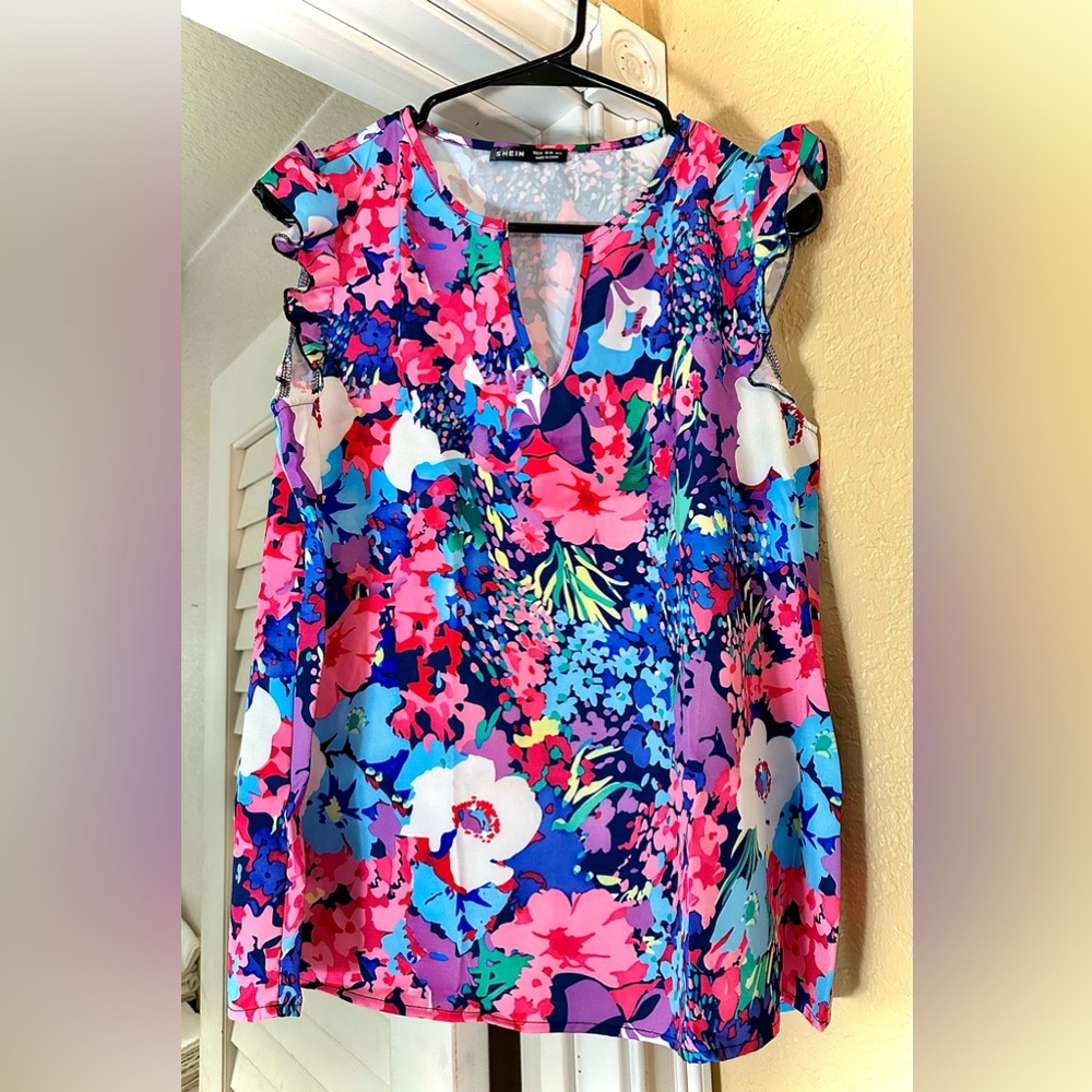 SHEIN Vibrant Floral Ruffle Blouse - Pink and Blue
